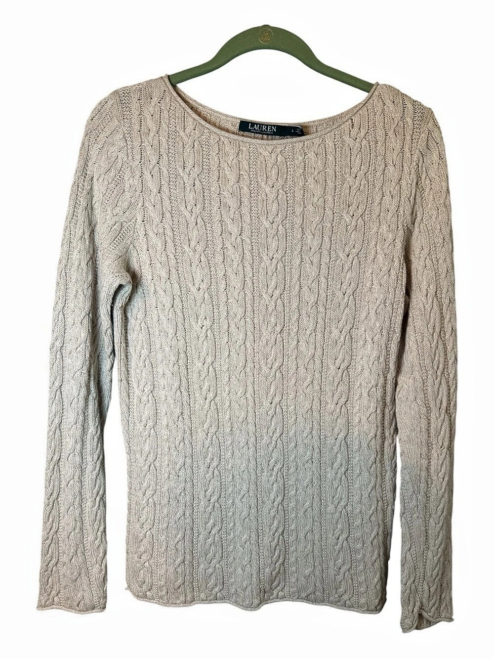 Ralph Lauren cream cable knit sweater, small hole under right armpit size LG